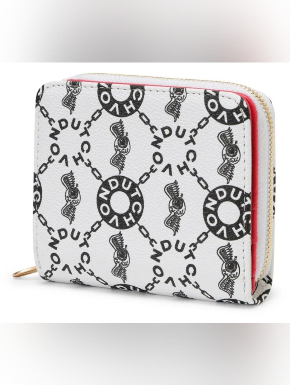Von Dutch White and Black Logo Zip Wallet with Red Trim